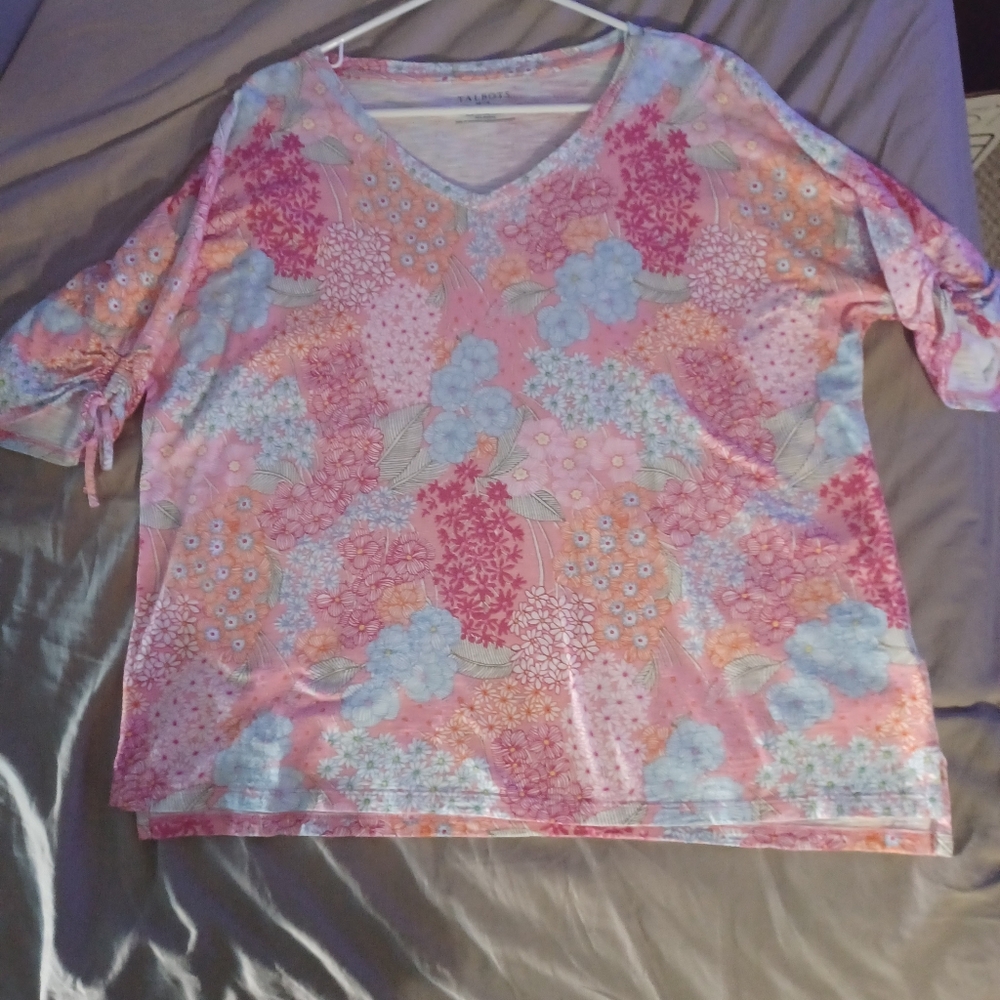Talbots XLP Petite Shirt Womens Pink Coral Floral V-Neck Cotton Blend Top Blouse